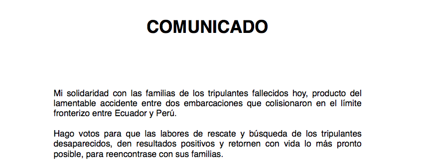 Sobre accidente entre dos embarcaciones que colisionaron en el mar en los límites de Ecuador y Perú.